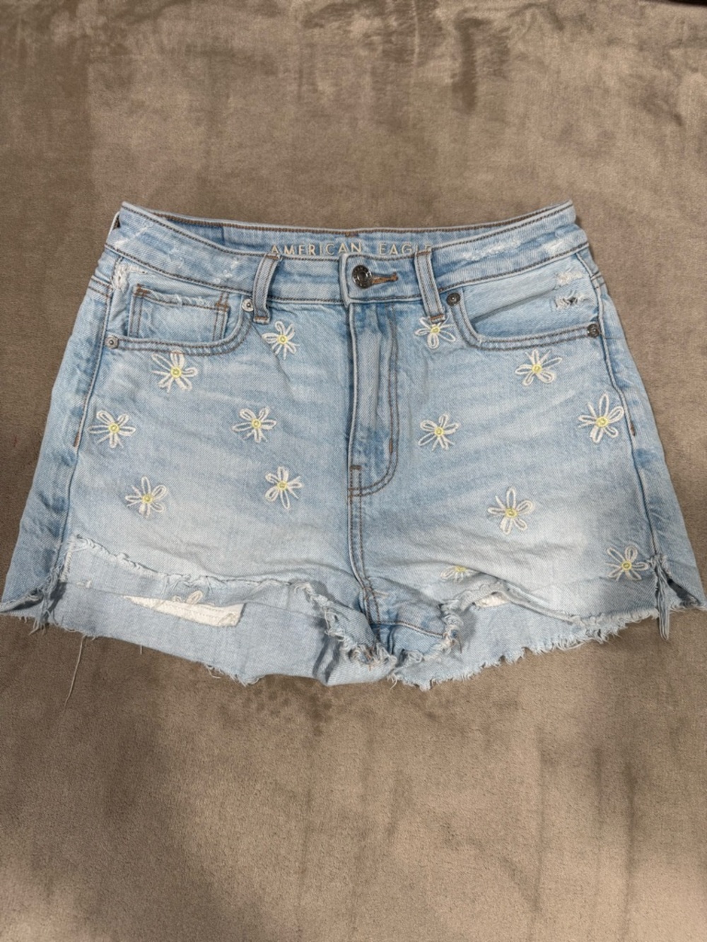 American Eagle Light Blue Denim Shorts with Daisy Embroidery